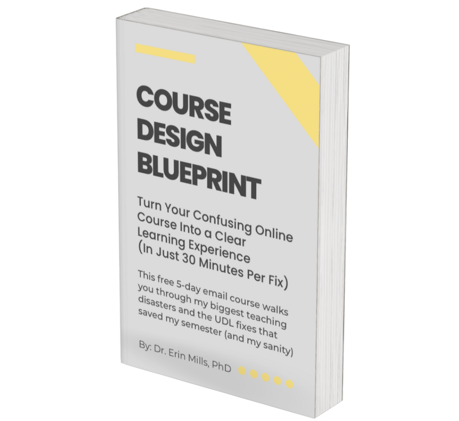 Course Design Blueprint gray book with black writing and yellow design accents